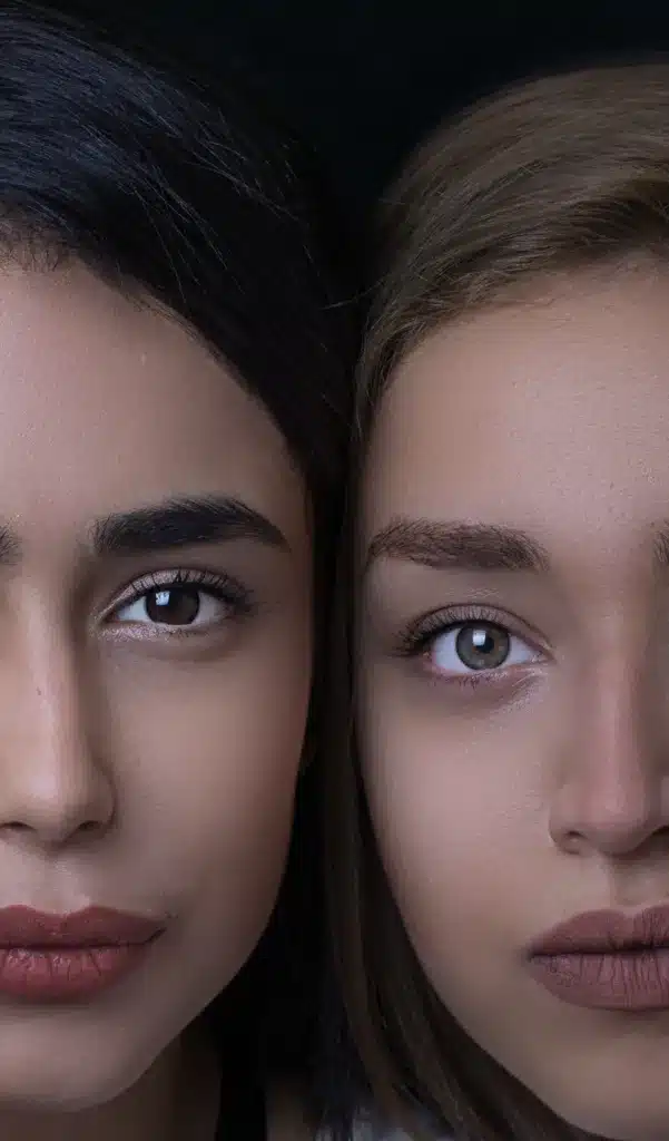 Two women side by side, only their opposite half of their faces is shown, concentration on their Eyes. EMDR as an approach to helping those who struggle with focus and anxiety. Managing ADHD Symptoms. 