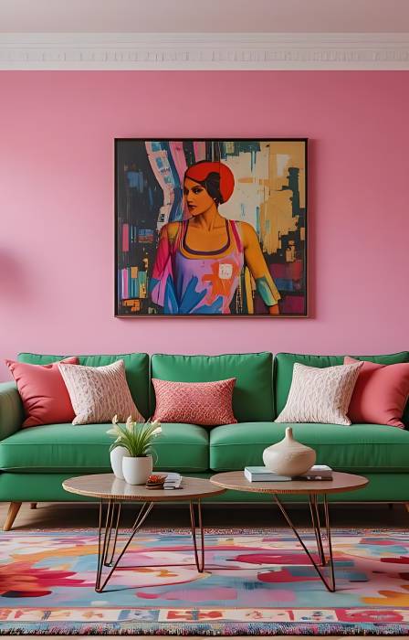 A vibrant living room with bright pink walls. A bold painting hangs on the wall above a teal couch next to a yellow chair.