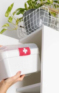 A person putting their well-stocked first aid kit back into their cabinet. A plant sits on the top of the cabinet.
