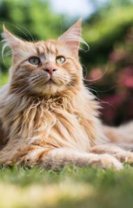 A beautiful, orange Maine Coon cat is outside, lying on a grassy area. The yard behind the cat is blurry.
