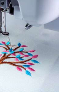 A close up of an embroidery machine's needle. It is currently creating a tree pattern with pink and blue leaves.