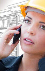 A woman in a yellow hard hat talking on a cell phone with a kitchen drawing gradating into a photo behind her.