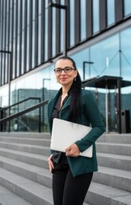 A young woman in glasses and a suit holds a white laptop and smiles confidently on the steps outside of a commercial building.