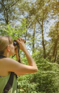 a woman using binoculars wearing a tank top while standing near dunes with trees and blue sky in the background.