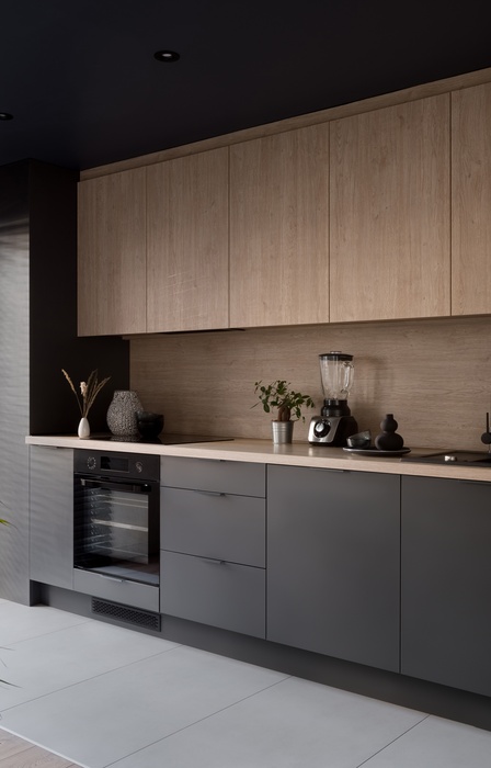 A minimalist residential kitchen with wood cabinets above the countertop. Sunlight streams in from a nearby window.