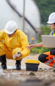 Two environmental field workers wearing hard hats while collecting ground samples. One is using a laptop at the site.