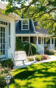A beautiful, sunny day at a residential property with an older tree with low-hanging branches near the white swing.
