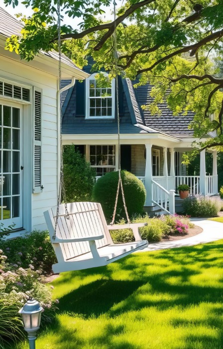A beautiful, sunny day at a residential property with an older tree with low-hanging branches near the white swing.